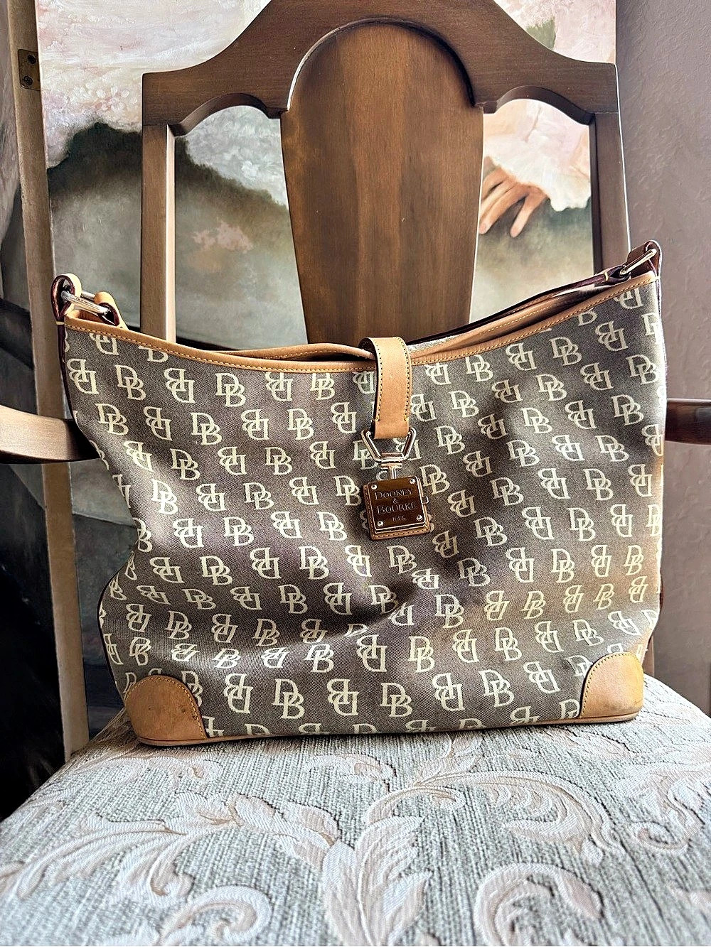 Dooney & Bourke Signature DB Monogram Hobo Tote Brown & Tan